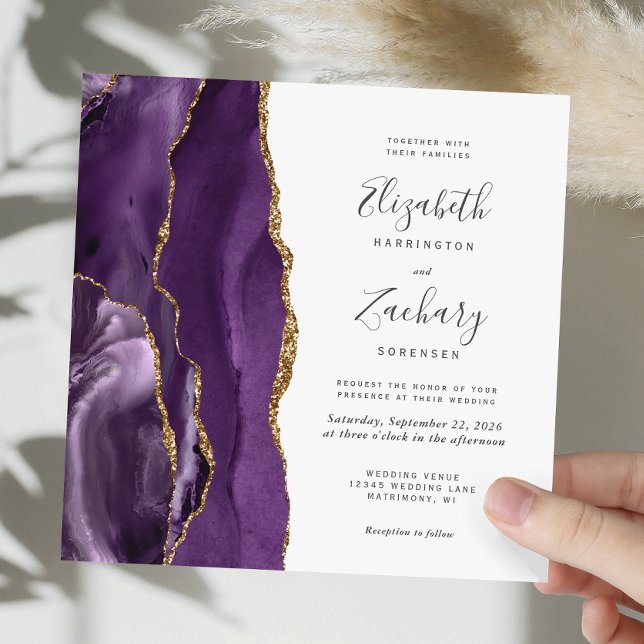 Invitación Boda Cuadrada Moderna de Ágata Dorada Púrpura con  (Subido por el creador)
