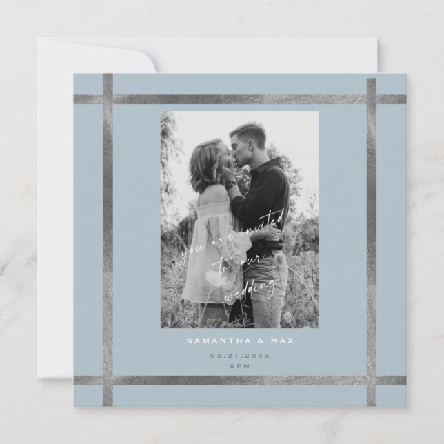 Invitación Boda Cuadrada Moderna de Foto Azul Hielo y Plata (Anverso)