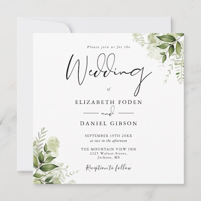 Invitación Boda Cuadrada Monograma Hojas Verde Rústico (Anverso)