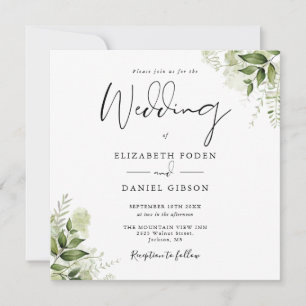 Invitación Boda Cuadrada Monograma Hojas Verde Rústico