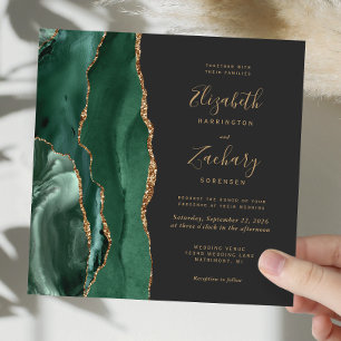 Invitación Boda Cuadrada Verde Esmeralda Oro Ágata Oscura