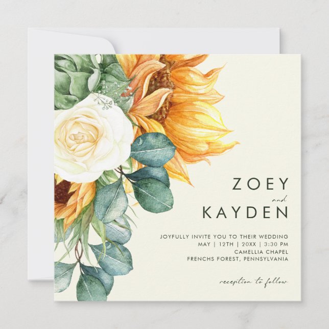 Invitación Boda cuadrado amarillo claro del girasol del país  (Anverso)