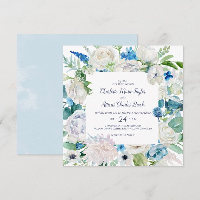 Invitación Boda cuadrado clásico de flores blancas (Anverso / Reverso)