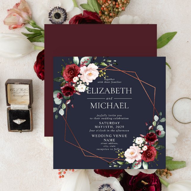 Invitación Boda cuadrado de cobre geométrico de borgoña azul (Subido por el creador)