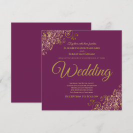 Invitación Boda cuadrado de colores dorados Cassis Purple Ele