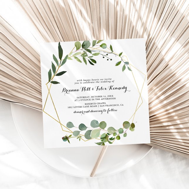 Invitación Boda cuadrado de eucalipto de marco dorado (Subido por el creador)