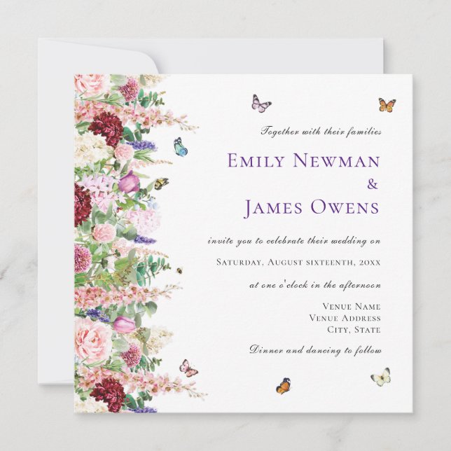 Invitación Boda cuadrado de flores rosadas moradas y mariposa (Anverso)