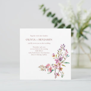 Invitación Boda cuadrado de flores silvestres rosadas boho ca