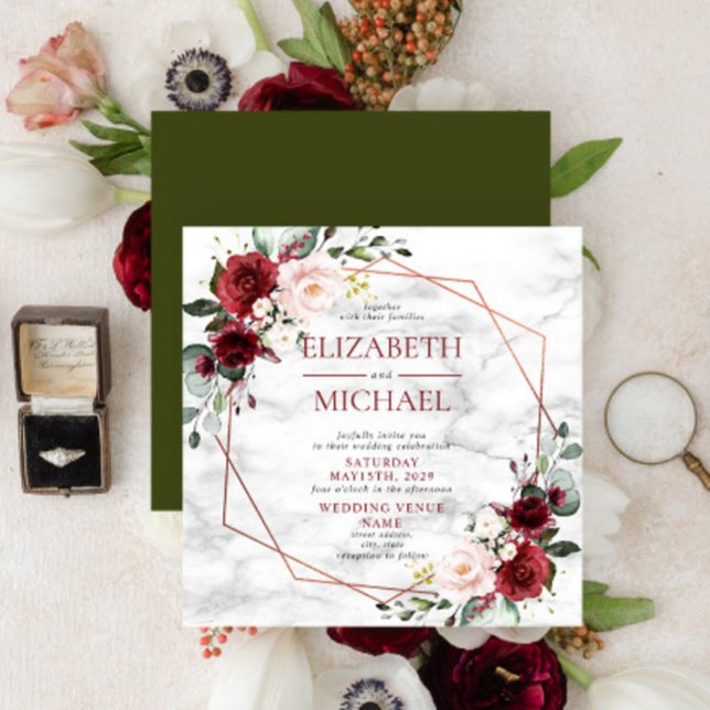 Invitación Boda cuadrado de mármol de borgoña geométrica de c (Subido por el creador)
