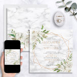 Invitación Boda cuadrado de mármol geométrico de cobre floral<br><div class="desc">Moderna y de moda, esta invitación a la boda cuadrada presenta un falso diseño geométrico de cobre adornado con rosas blancas, sobre una textura falsa de mármol blanco. Los nombres de la pareja y algunos detalles de los bodas están en un color de cobre similar. La parte trasera de la...</div>