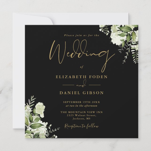 Invitación Boda cuadrado de monograma negro y oro (Anverso)