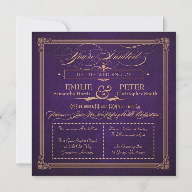 Invitación Boda cuadrado de purga de berenjenas con estilo de (Anverso)