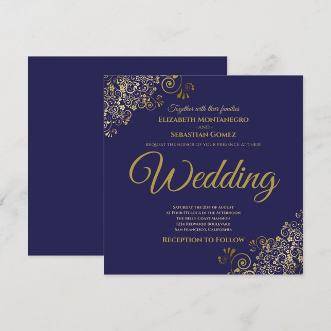 Invitación Boda cuadrado elegante azul de la Marina de los Añ (Anverso / Reverso)