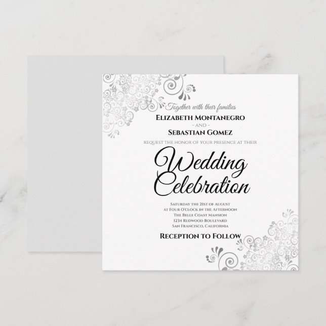 Invitación Boda cuadrado elegante de filigrí plateado (Anverso / Reverso)
