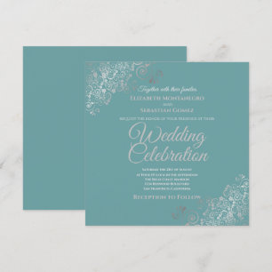 Invitación Boda cuadrado elegante Verde azulado de filigrí pl