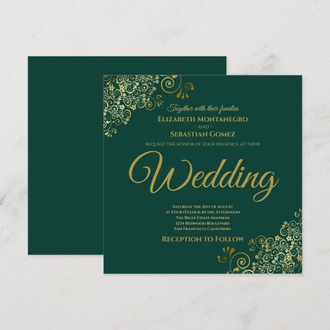 Invitación Boda cuadrado elegante verde esmeralda (Anverso / Reverso)