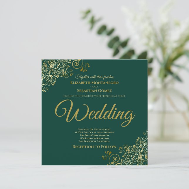 Invitación Boda cuadrado elegante verde esmeralda (Anverso de pie)