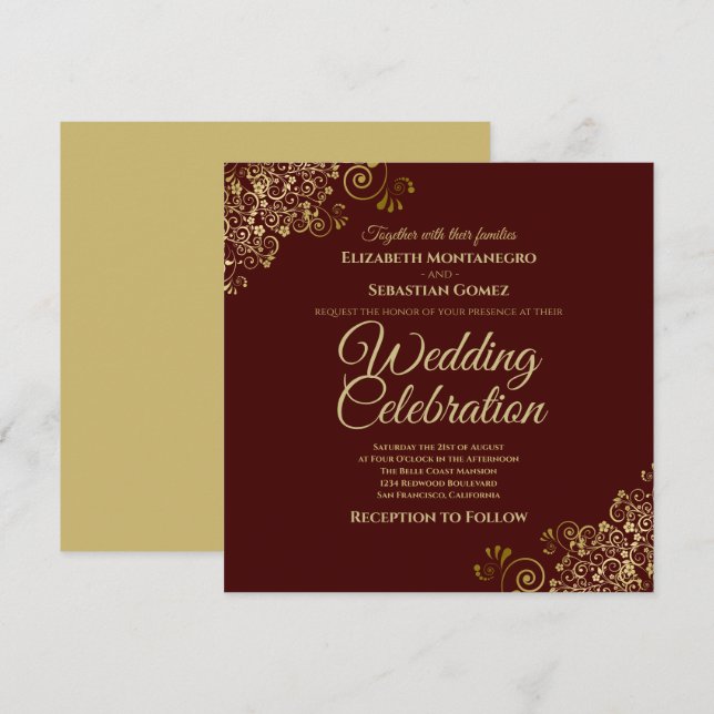 Invitación Boda cuadrado elegante y simple Auburn Brown (Anverso / Reverso)
