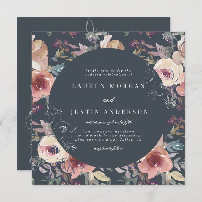 Invitación boda cuadrado floral de jardín nostálgico (Anverso / Reverso)