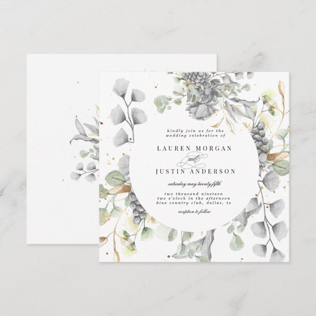 Invitación boda cuadrado floral de oro plateado dramático (Anverso / Reverso)