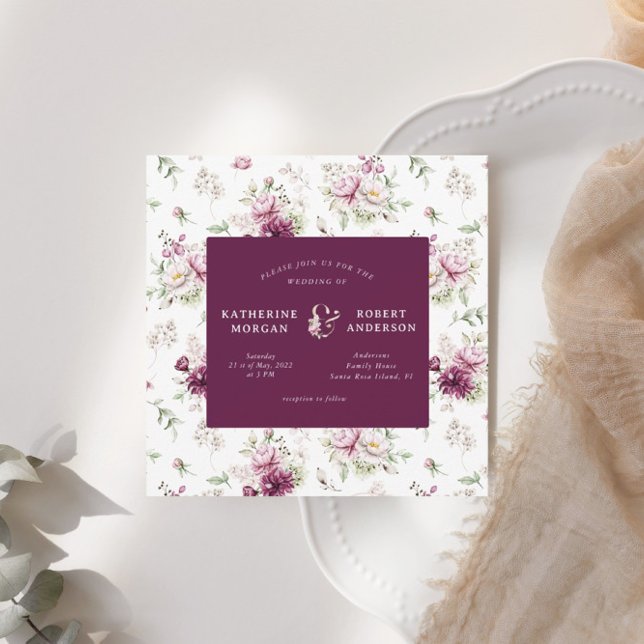 Invitación boda cuadrado floral del jardín magenta (Subido por el creador)