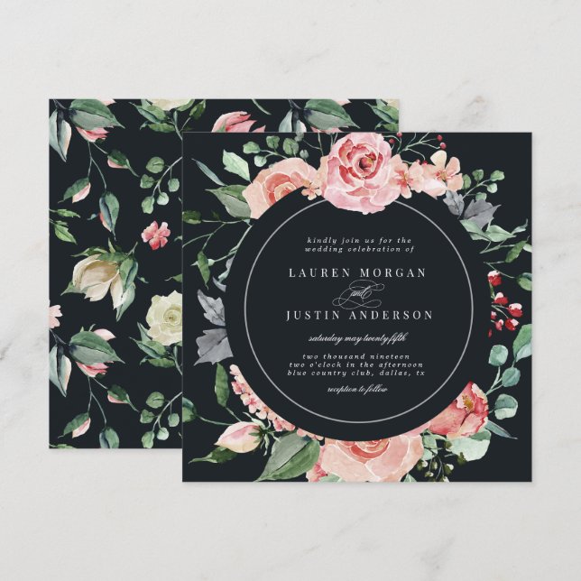 Invitación boda cuadrado floral elegante de medianoche (Anverso / Reverso)
