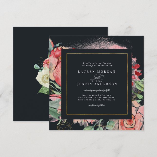 Invitación boda cuadrado floral elegante de medianoche (Anverso / Reverso)