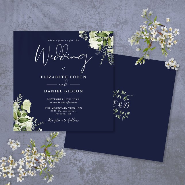 Invitación Boda cuadrado floral floral de la Marina Blue Gree (Navy Blue Greenery Floral Monogram Square Wedding Invitation)