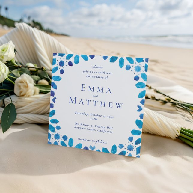 Invitación Boda cuadrado geométrico marroquí de mosaico azul (Subido por el creador)