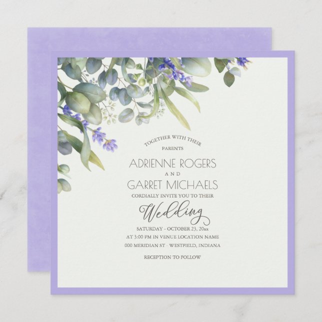Invitación Boda cuadrado Lavender y Eucalyptus (Anverso / Reverso)