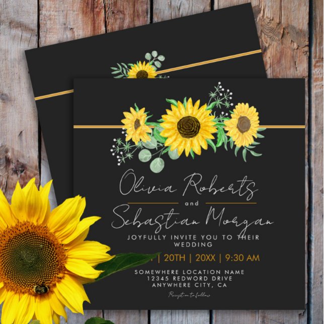 Invitación Boda cuadrado negro amarillo giratorio (Subido por el creador)
