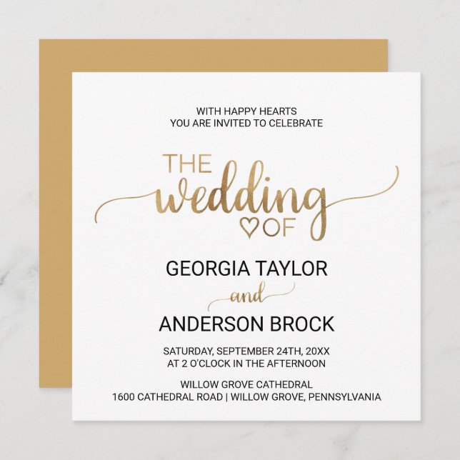 Invitación Boda cuadrado simple de caligrafía de oro (Anverso / Reverso)