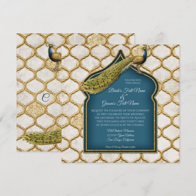 Invitación Boda Cuadrado Vintage Peacock Arabesque Gold (Anverso / Reverso)