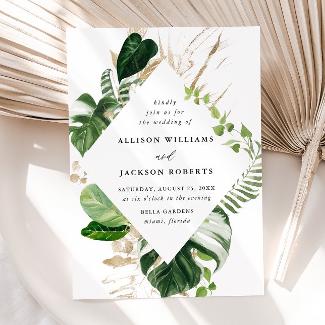 Invitación Boda Cuadro Botánico de Hojas Tropicales de Oro (Subido por el creador)