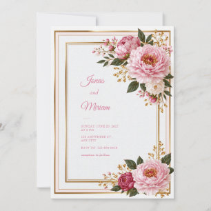 Invitación Boda Cuadro Botánico Dorado Peonía Rosada