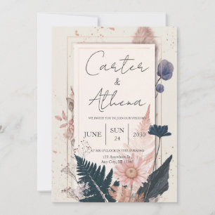 Invitación Boda Cuadro Dorado Floral Seco Boho