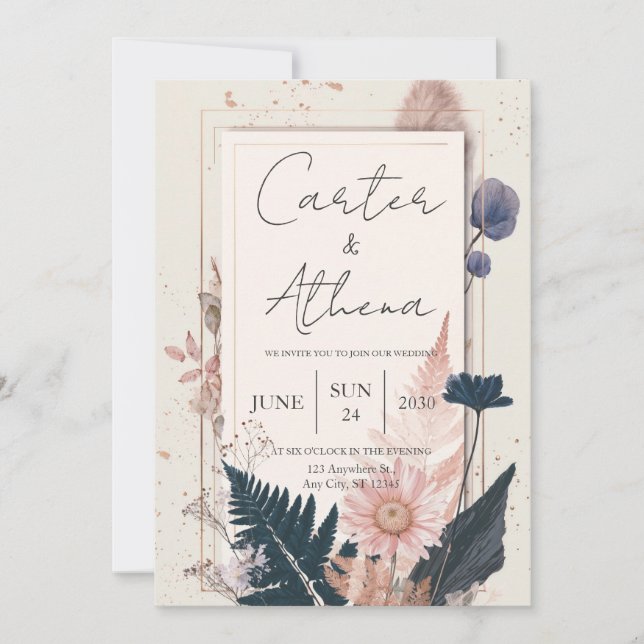Invitación Boda Cuadro Dorado Floral Seco Boho (Anverso)