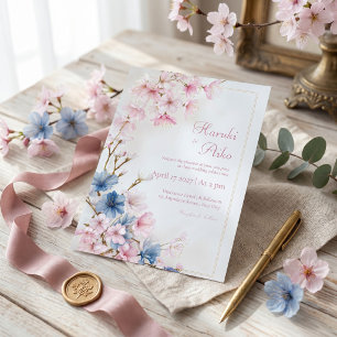 Invitación Boda Cuadro Dorado Sakura Romántico Rosa Azul Prof