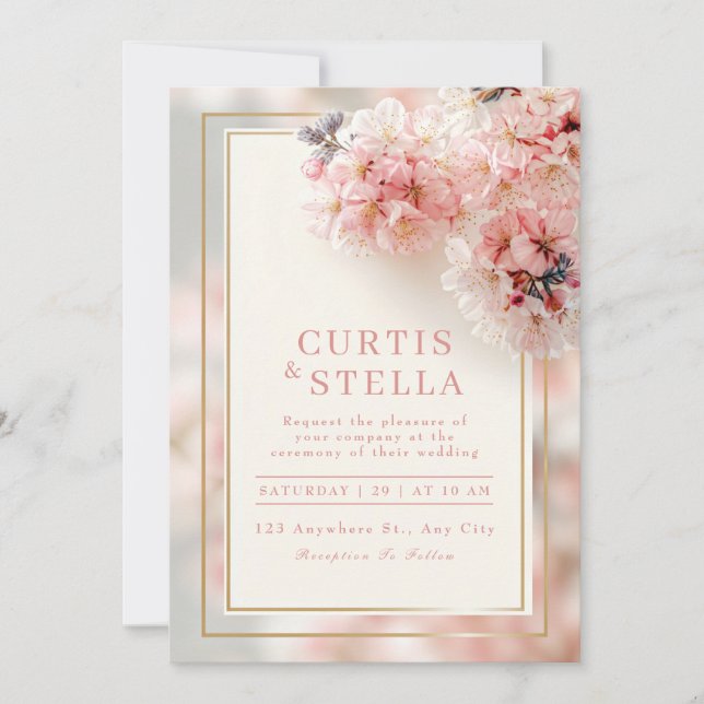 Invitación Boda Cuadro Dorado Sakura Romántico Rosa Sonrojo (Anverso)