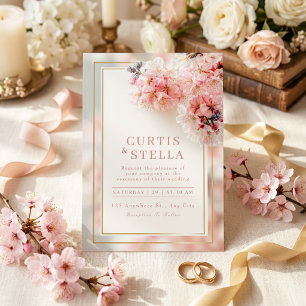 Invitación Boda Cuadro Dorado Sakura Romántico Rosa Sonrojo