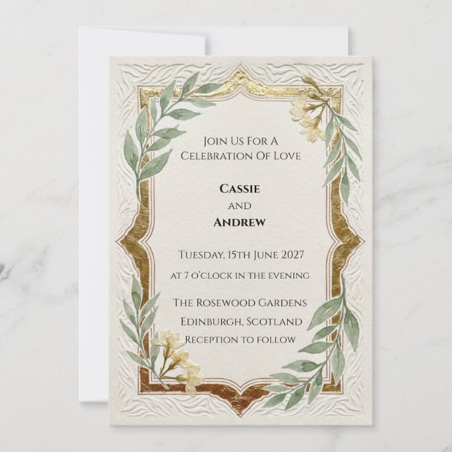 Invitación Boda Cuadro Dorado Verde Rústico (Anverso)