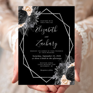 Invitación Boda Cuadro Floral Negro Melocotón Plata