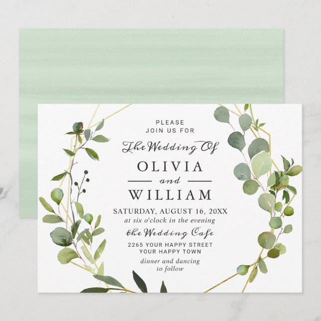 Invitación Boda Cuadro Geométrico de Foliaje de Eucalipto Mod (Anverso / Reverso)