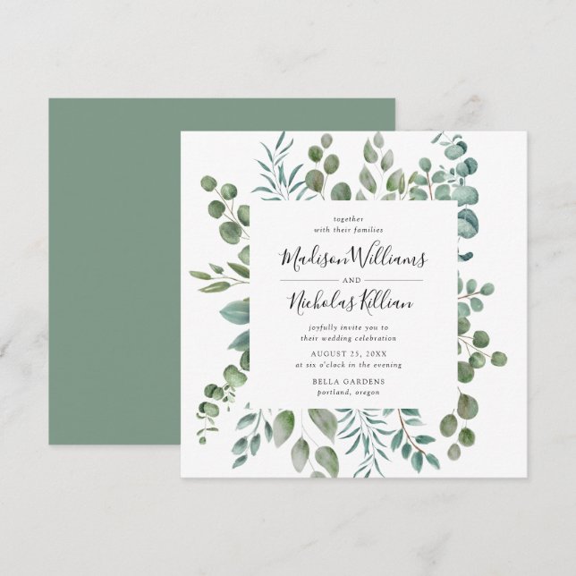 Invitación Boda Cuadro Moderno de Verde |  (Anverso / Reverso)