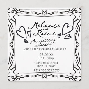 Invitación Boda Cuadro Negro Blanco Garabatos Caprichosos Lin