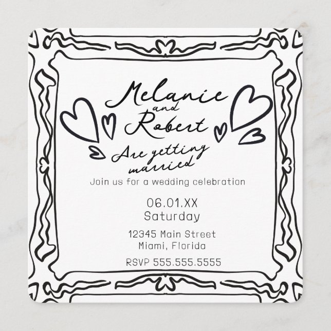 Invitación Boda Cuadro Negro Blanco Garabatos Caprichosos Lin (Anverso)