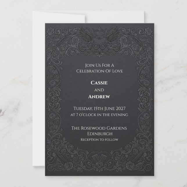 Invitación Boda Cuervo Rosa Gótico Carbón (Anverso)