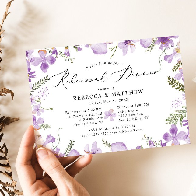 Invitación Boda Cute Purple Wildflowers Ensayo de cena (Subido por el creador)