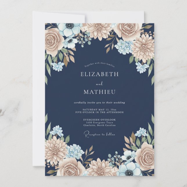 Invitación Boda Dahlia Champagne Marina (Anverso)