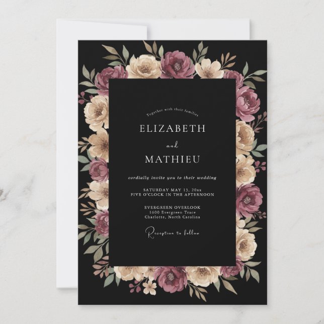 Invitación Boda Dahlia de Champán Negro (Anverso)